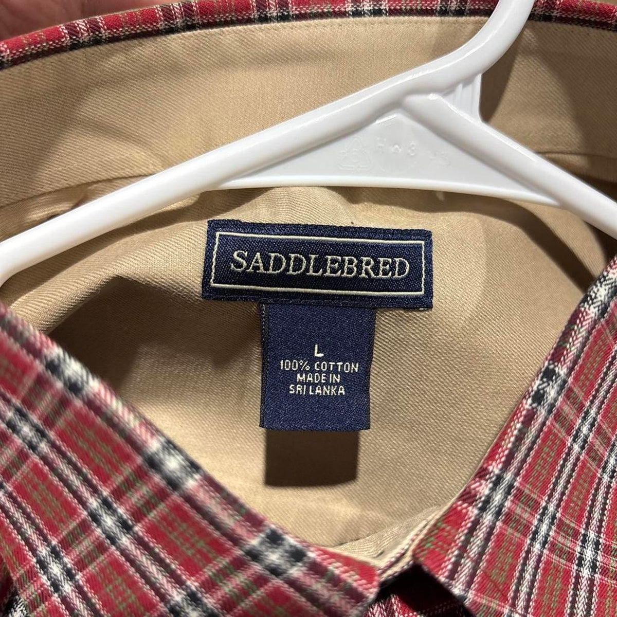 310. Saddlebred red and white plaid cotton button up shirt Size L - Image 3